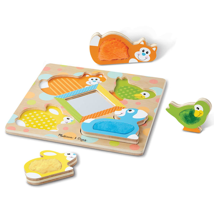 First Play Wooden Touch and Feel Puzzle Peek-a-Boo Pets With Mirror C8