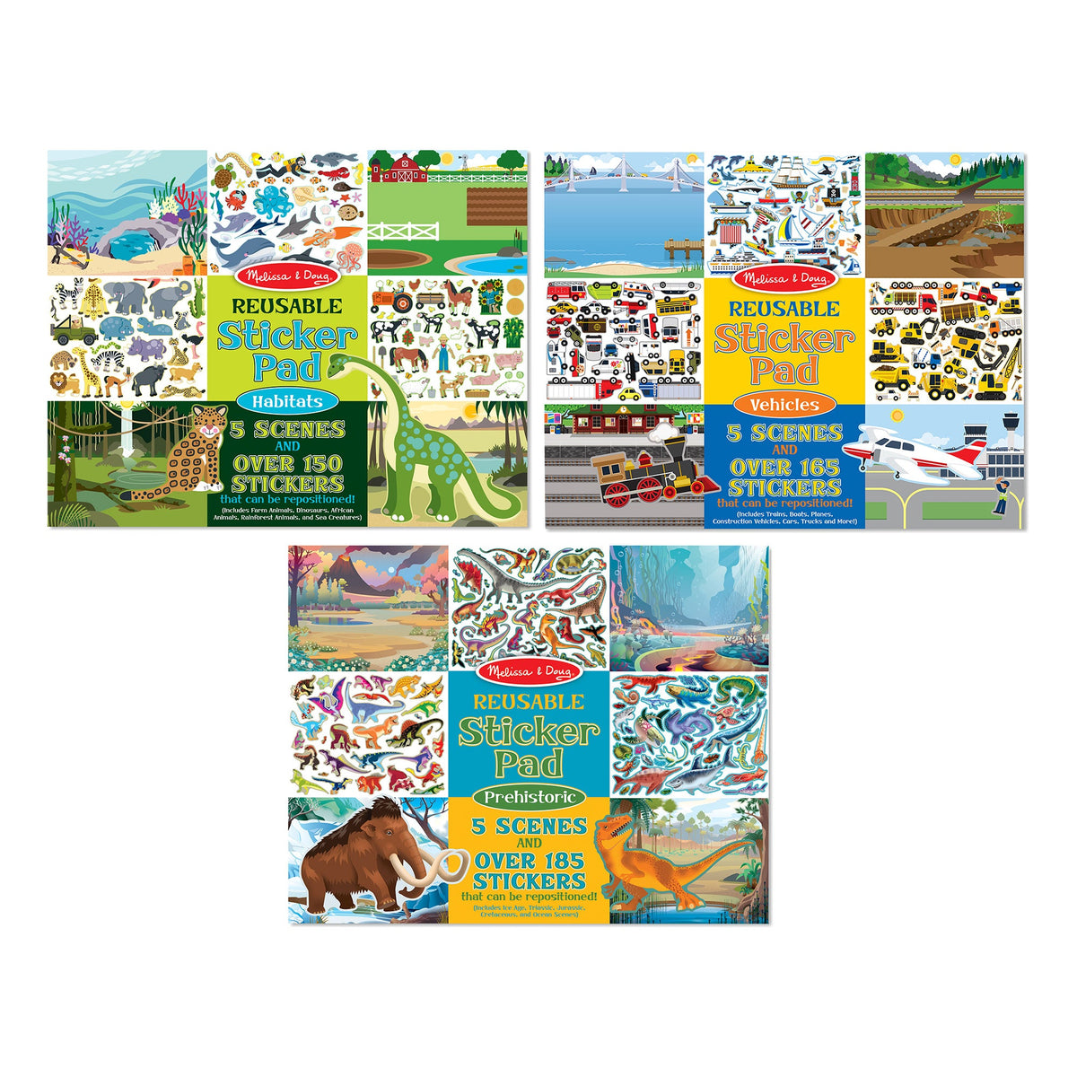 Reusable Sticker Pad 3-Pack: Vehicles, Habitats, Prehistoric A1