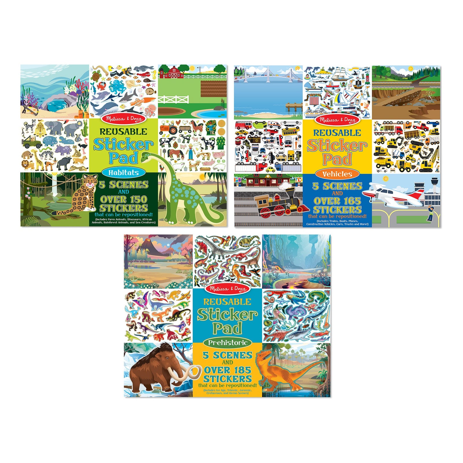 Reusable Sticker Pad 3-Pack: Vehicles, Habitats, Prehistoric L0
