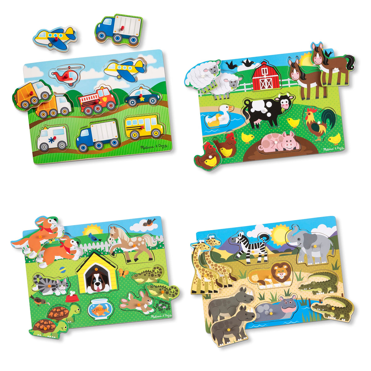 Wooden Peg Puzzle 4-Pack – Vehicles, Farm, Safari, Pets H1